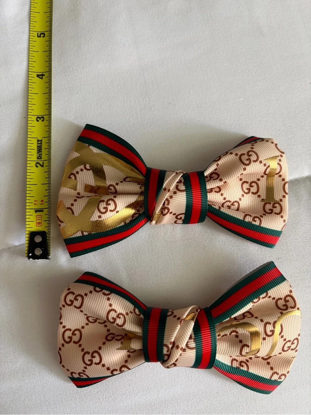 Designer-Inspired Beige Bow Hair Clips with Red & Green Trim